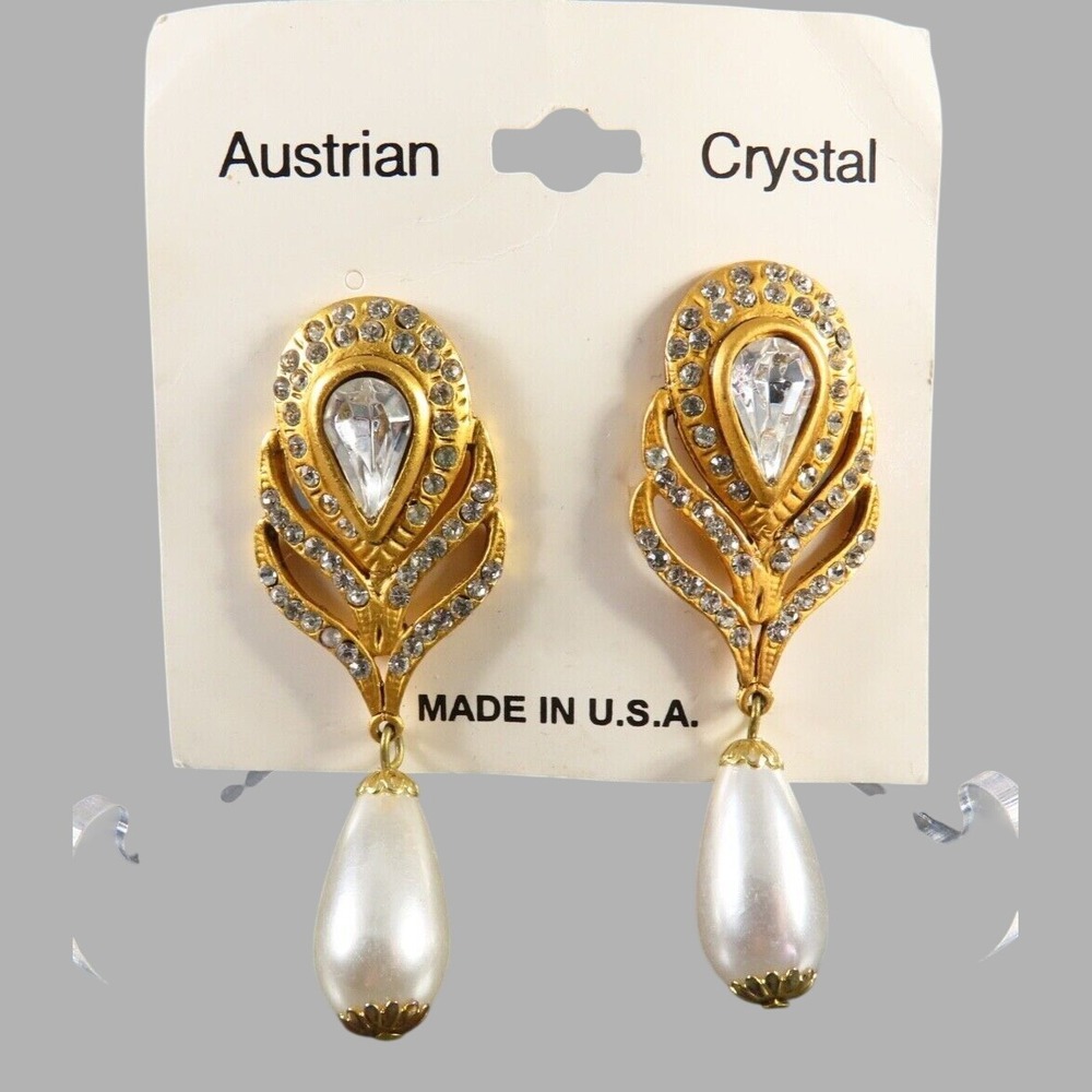VTG NOS NEW Austrian Crystal LARGE DANGLE EARRINGS Gold Tone FAUX PEARL DROP